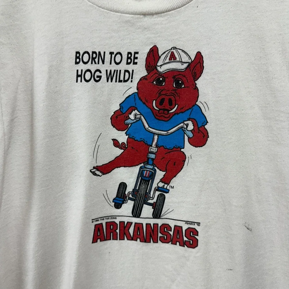 Vtg 90s Youth Arkansas Razorbacks USA Made T Shirt 14/16 measures Small flawed